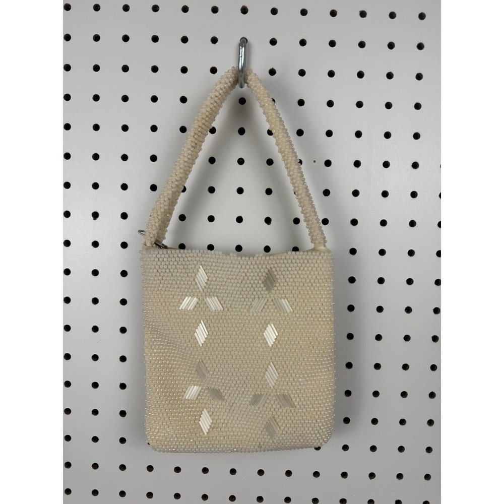 Vtg 1960s Beaded Cream Evening‎ Handbag Handmade Hong Kong Top Handle Purse